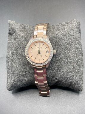 FOSSIL Stella Rose Silver-Tone Watch Blush Dial Pave Crystal Bezel ES-2976 31mm
